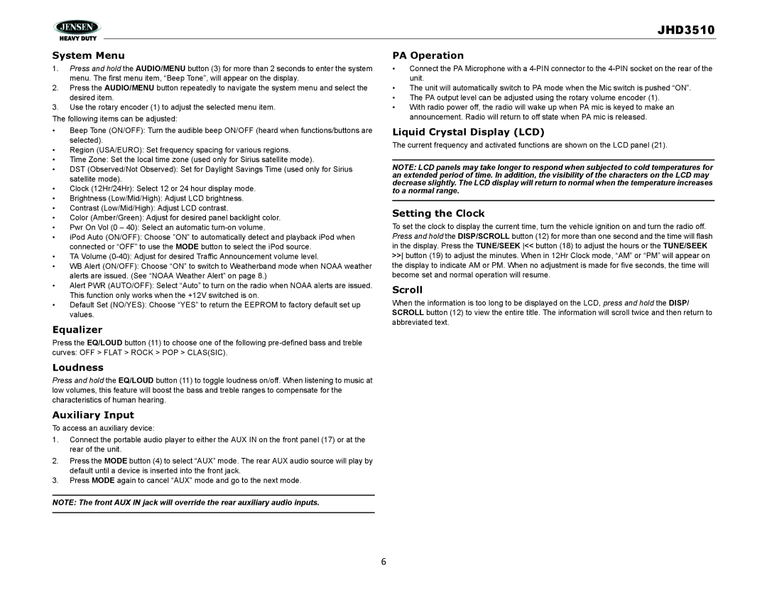 Jensen JHD3510 System Menu, Equalizer, Loudness, Auxiliary Input, PA Operation, Liquid Crystal Display LCD, Scroll 
