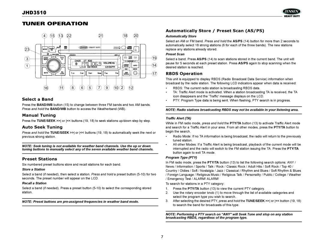 Jensen JHD3510 operation manual Tuner Operation 