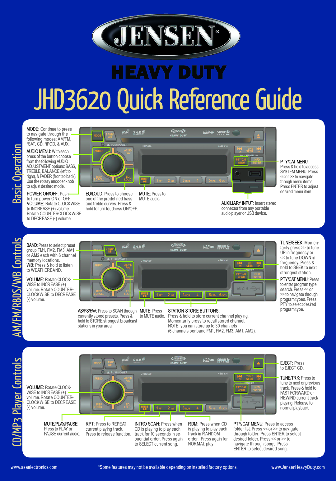 Jensen JHD3620 manual Basic Operation, Audio Menu With each, Mute Press Station Store Buttons, Press to Play or 