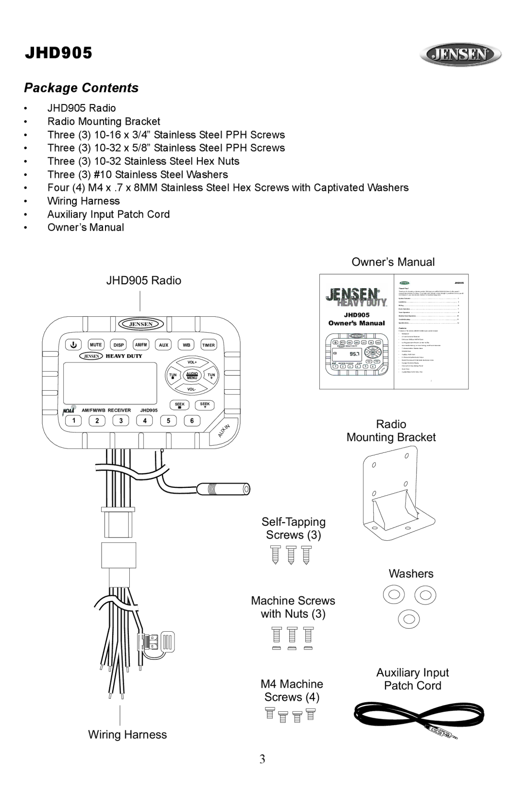 Jensen JHD905 owner manual Package Contents 