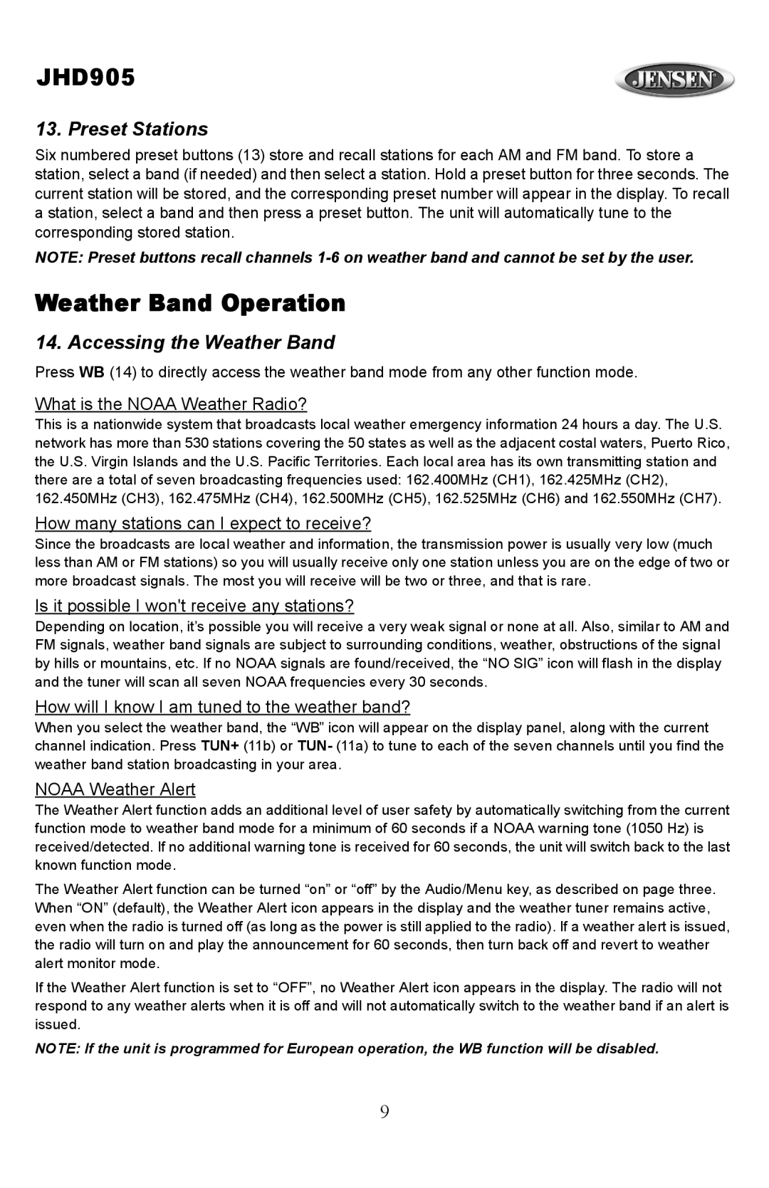 Jensen JHD905 owner manual Weather Band Operation, Preset Stations, Accessing the Weather Band 