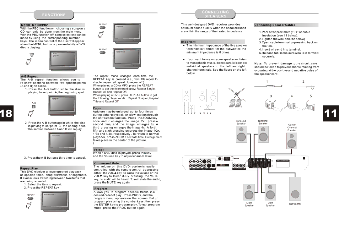 Jensen JHT140 manual Functions, Connecting Speakers, Menu MENU/PBC 