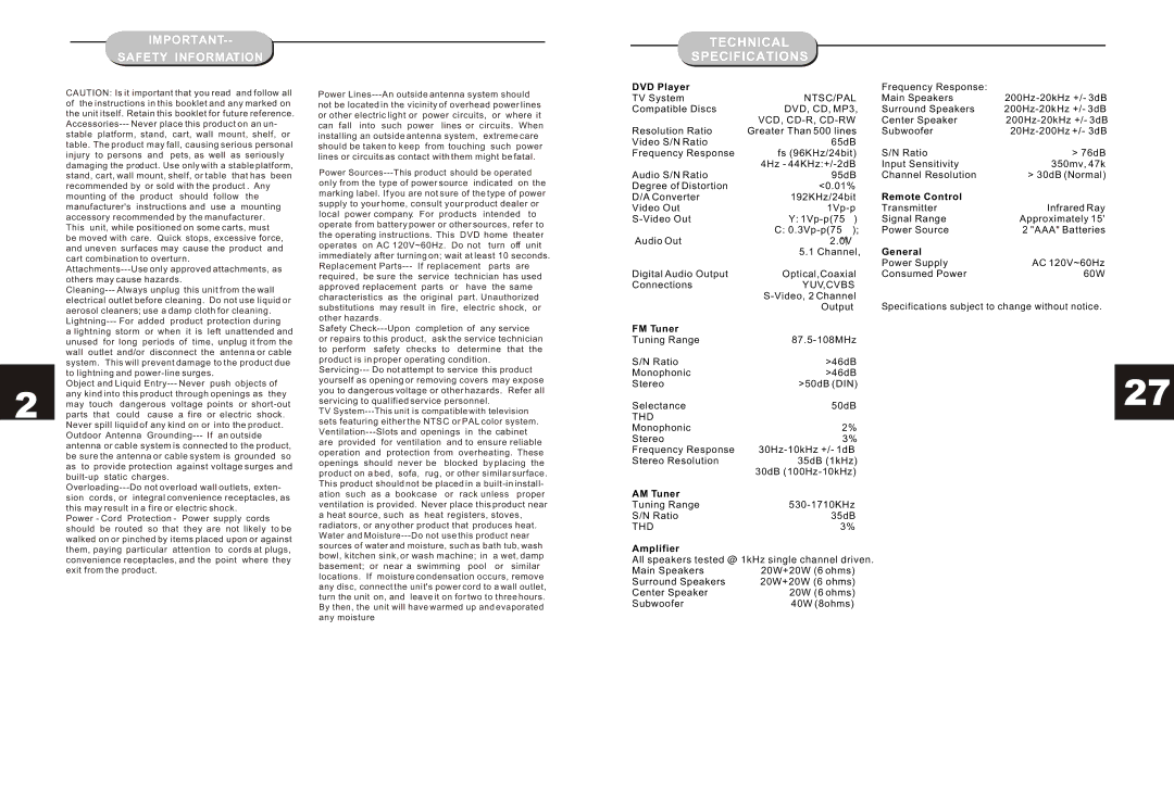 Jensen JHT140 manual Technical Specifications 