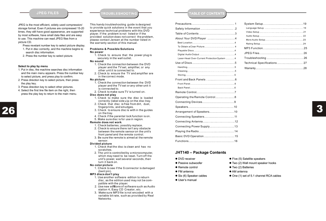 Jensen manual JHT140 Package Contents 