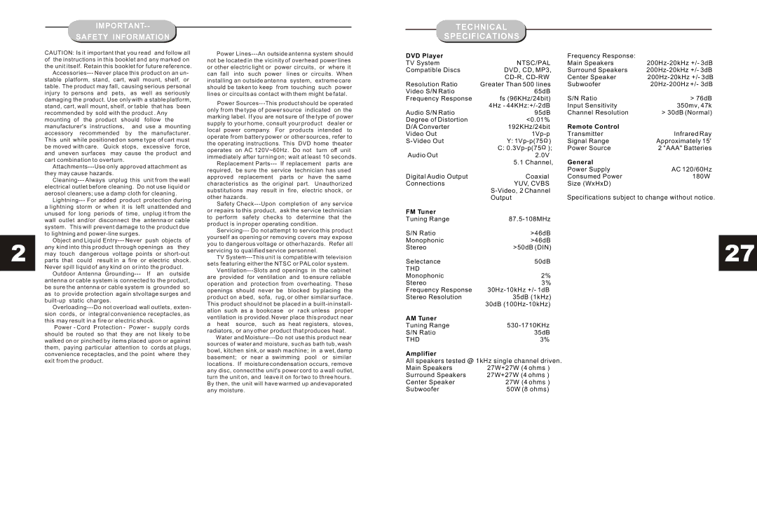 Jensen JHT350 manual Technical Specifications 