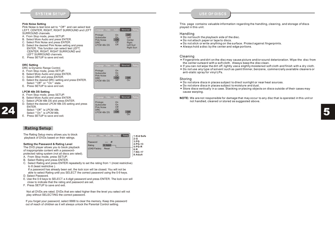 Jensen JHT350 manual System Setup USE of Discs, Pink Noise Setting, DRC Setting, Lpcm 48k DS Setting 