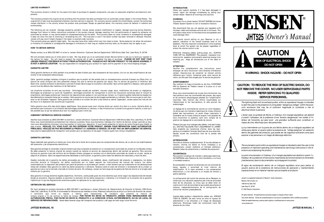 Jensen owner manual JHT525 Manual, SPK 110116 