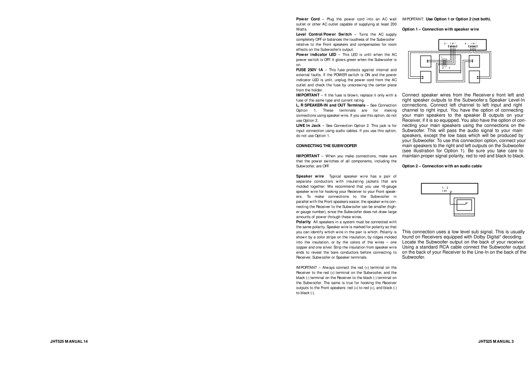 Jensen JHT525 owner manual Connecting the Subwoofer, Option 2 Connection with an audio cable, Subwoofer Output Line 