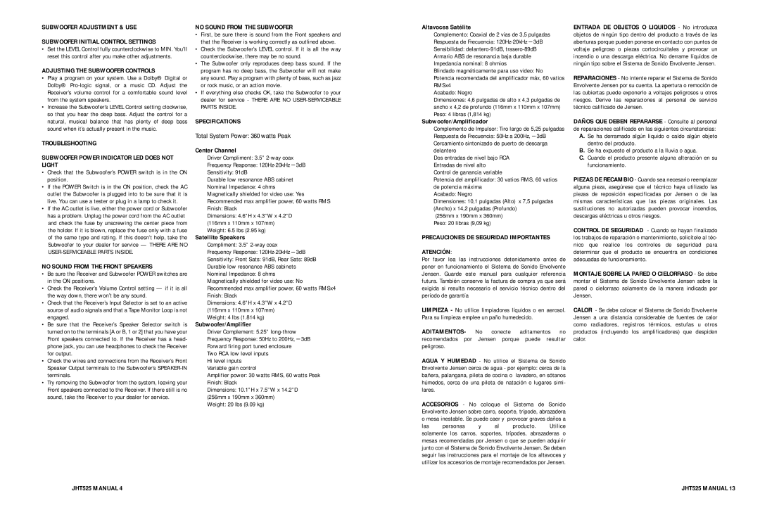 Jensen JHT525 owner manual Adjusting the Subwoofer Controls, No Sound from the Front Speakers, No Sound from the Subwoofer 
