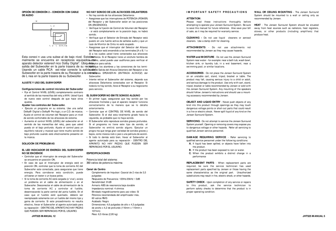 Jensen JHT525 owner manual Opción DE Conexión 2 Conexión CON Cable DE Audio, Ajuste Y USO DEL Subwoofer, Especificaciones 