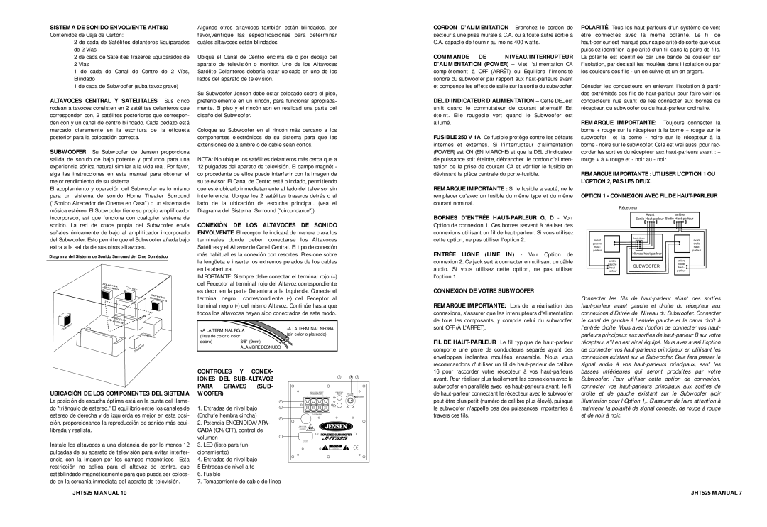 Jensen JHT525 Connexion DE Votre Subwoofer, Option 1 Connexion Avec FIL DE HAUT-PARLEUR, Tiras de color o color, Récepteur 