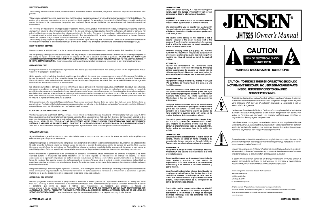 Jensen JHT525 owner manual Risk Of Electrical Shock Do Not Open, Warning Shock Hazard - Do Not Open, Service Personnel 