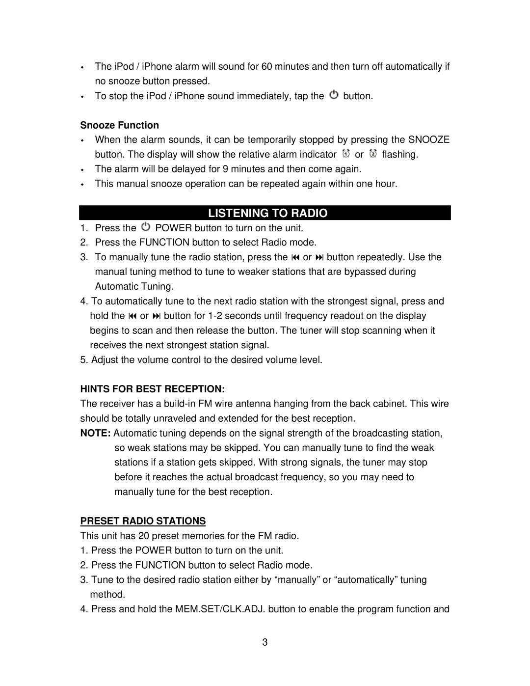 Jensen JIMS-125I user manual Listening to Radio, Snooze Function, Hints for Best Reception, Preset Radio Stations 