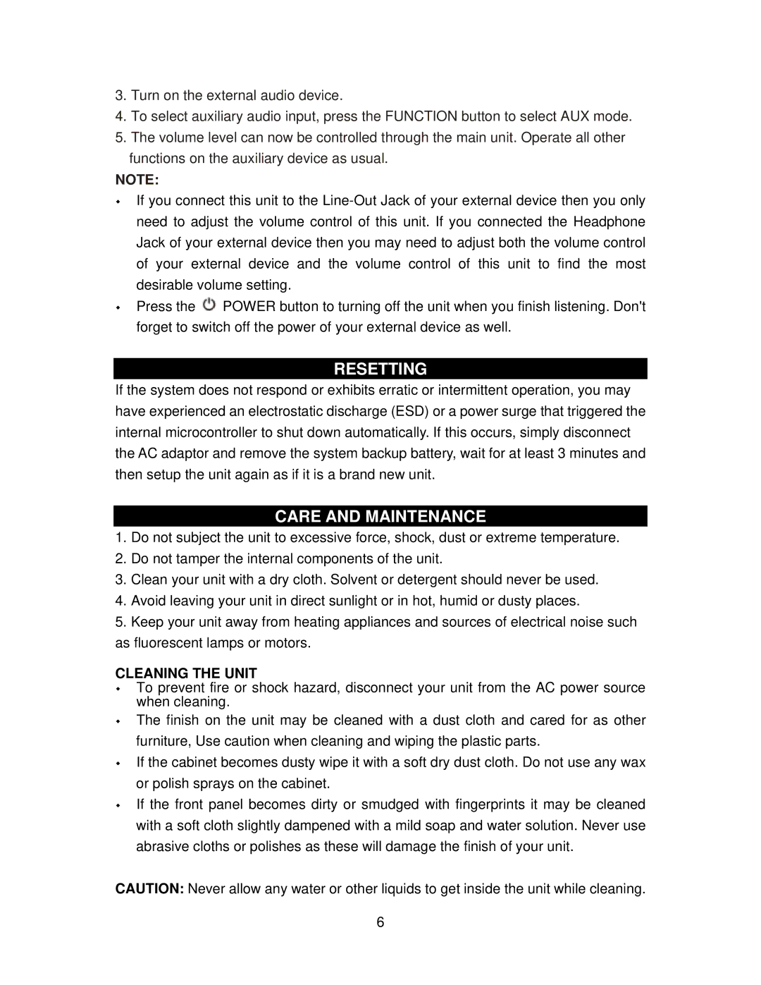 Jensen JIMS-125I user manual Resetting, Care and Maintenance, Cleaning the Unit 