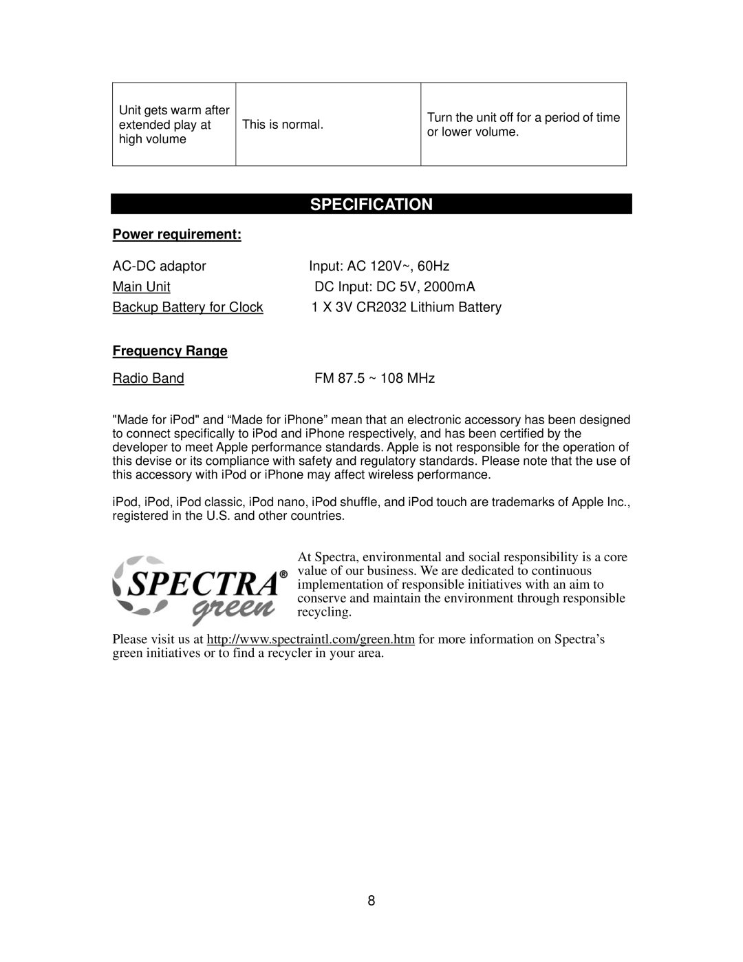 Jensen JIMS-125I user manual Specification, Power requirement, Frequency Range 