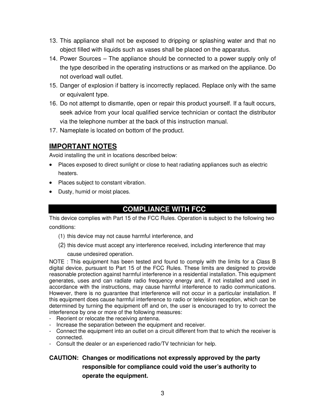 Jensen JIMS-125I user manual Important Notes, Compliance with FCC 