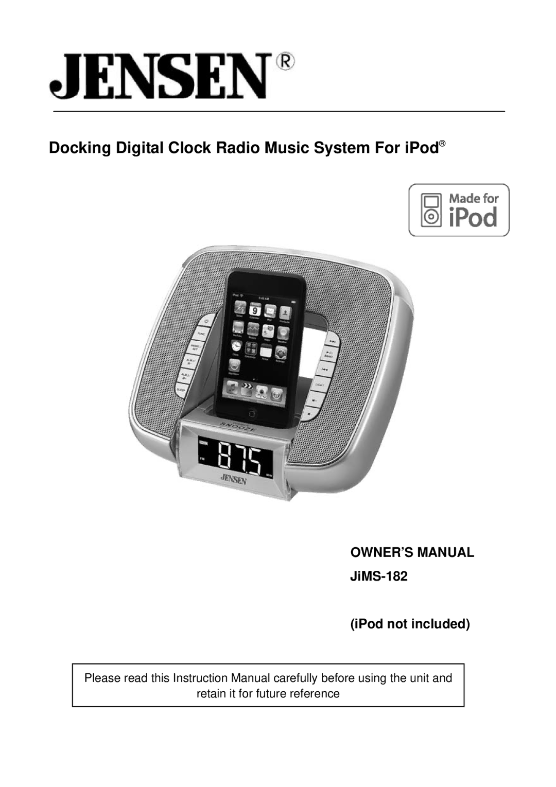 Jensen JiMS-182 owner manual Docking Digital Clock Radio Music System For iPod 