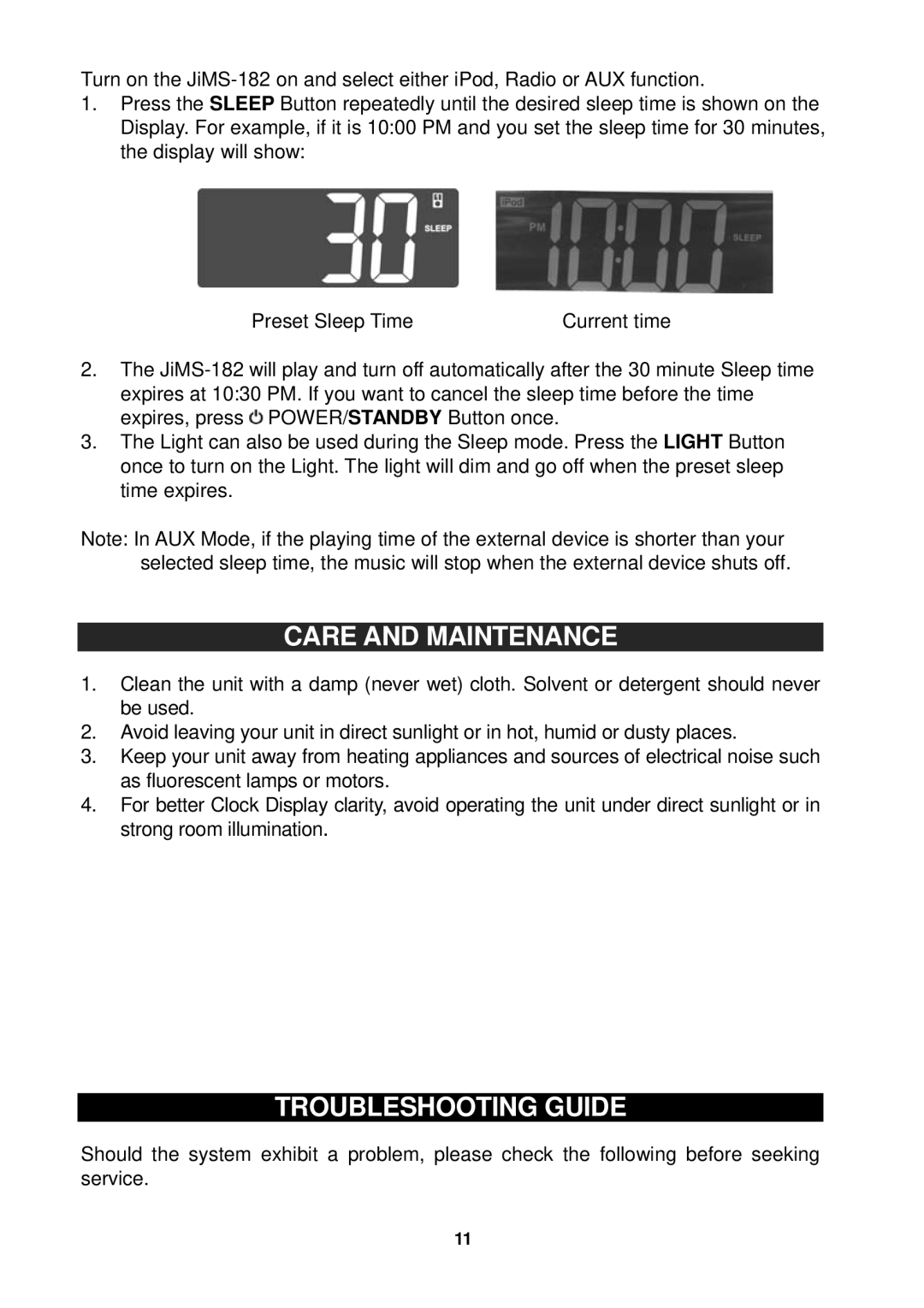 Jensen JiMS-182 owner manual Care and Maintenance, Troubleshooting Guide 