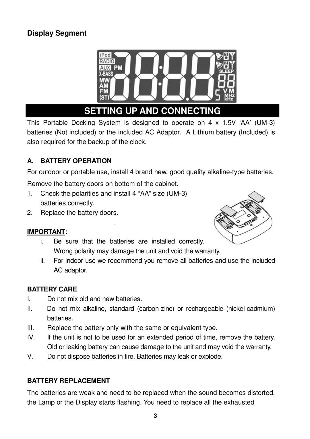 Jensen JiMS-182 owner manual Setting UP and Connecting, Battery Operation, Battery Care, Battery Replacement 