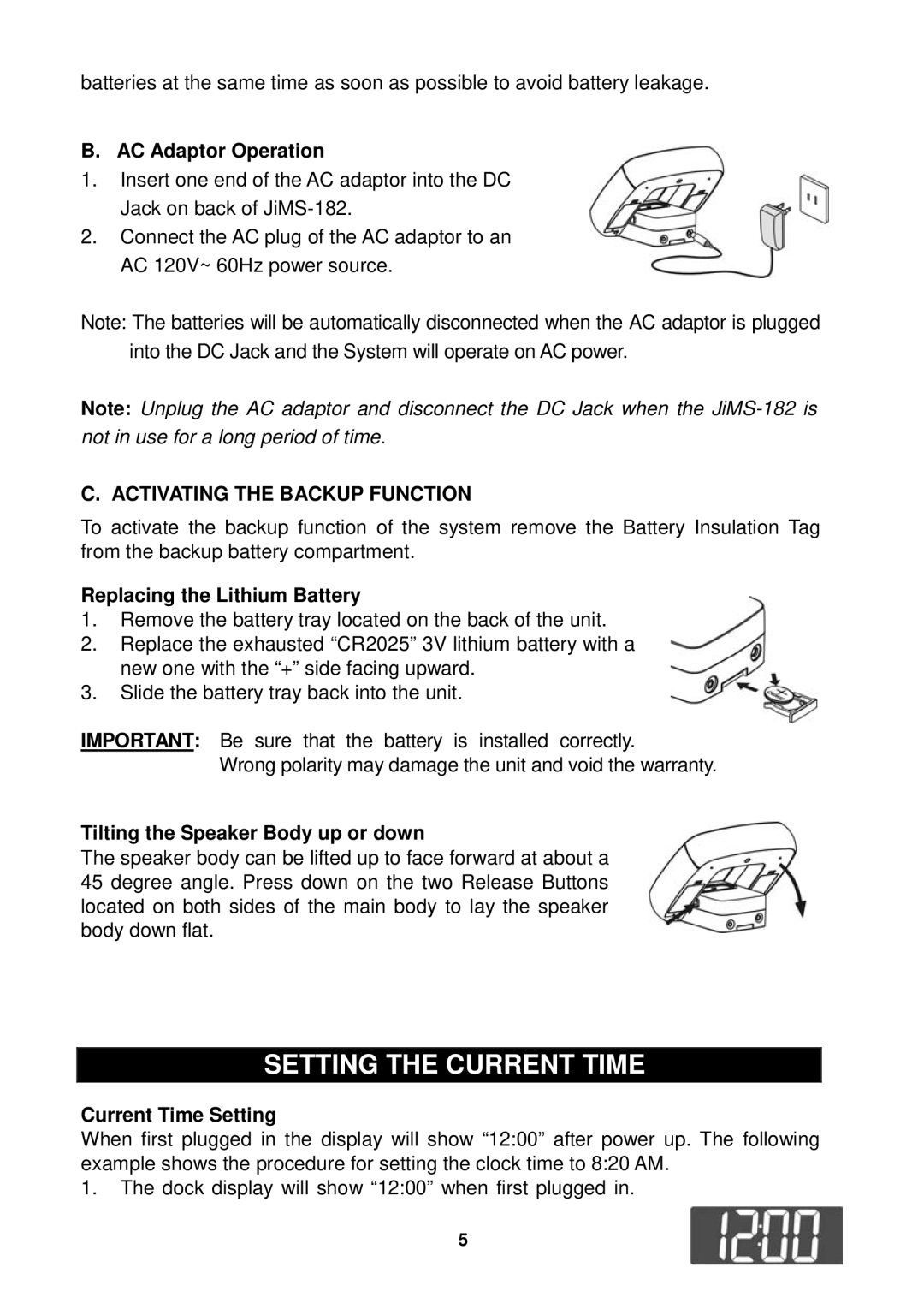 Jensen JiMS-182 owner manual Setting the Current Time, Activating the Backup Function 