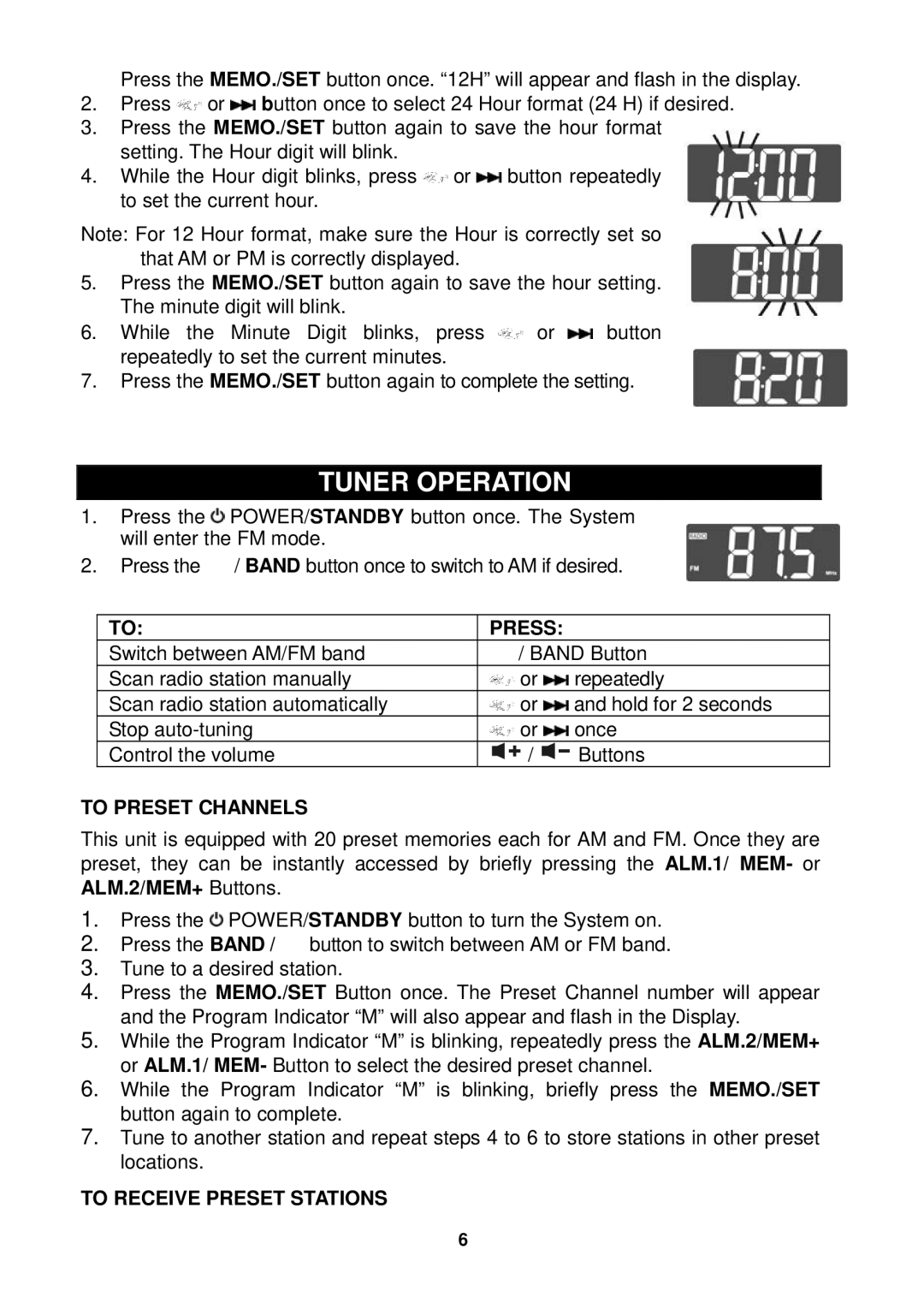 Jensen JiMS-182 owner manual Tuner Operation, Press, To Preset Channels, To Receive Preset Stations 