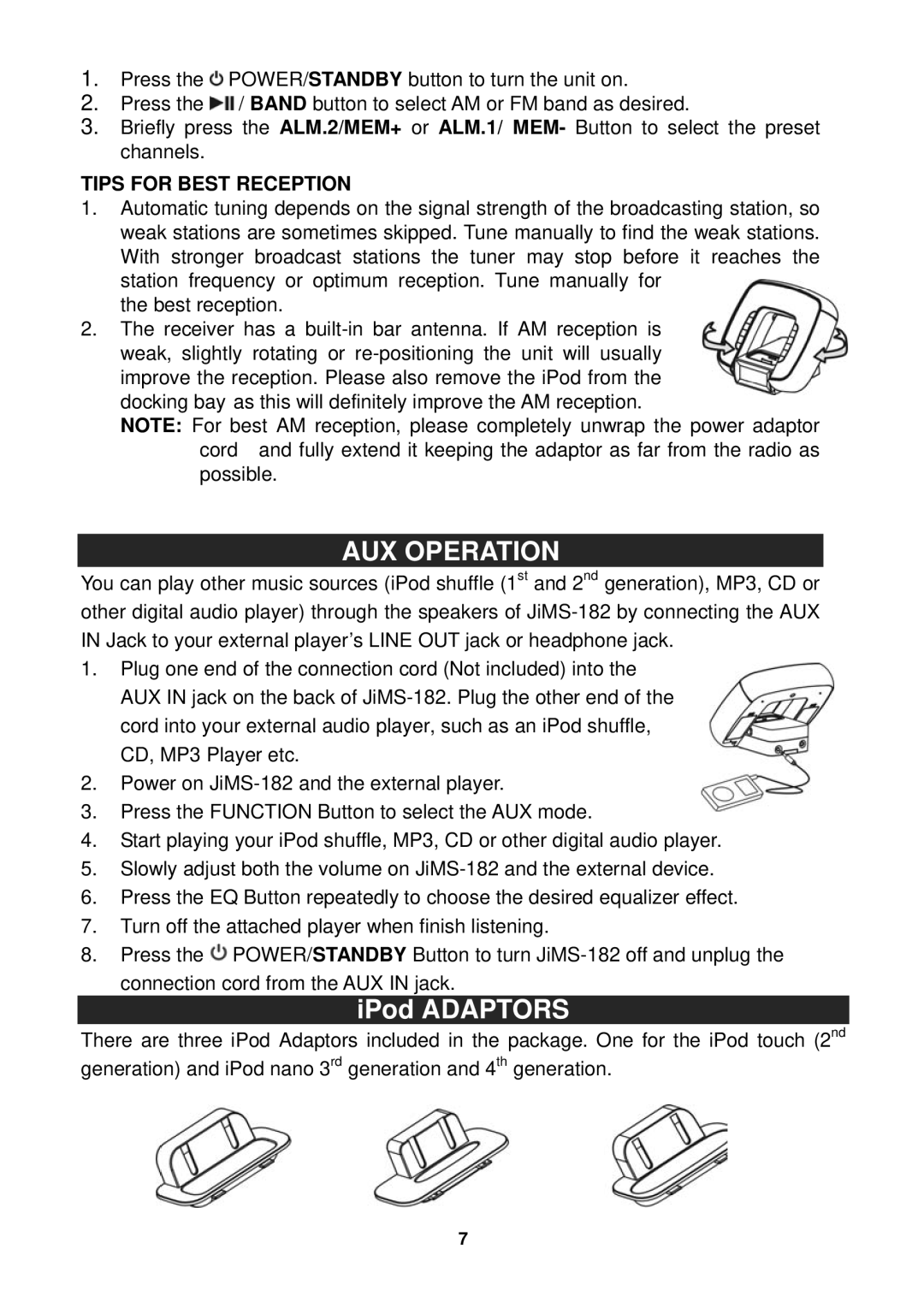 Jensen JiMS-182 owner manual AUX Operation, Tips for Best Reception 