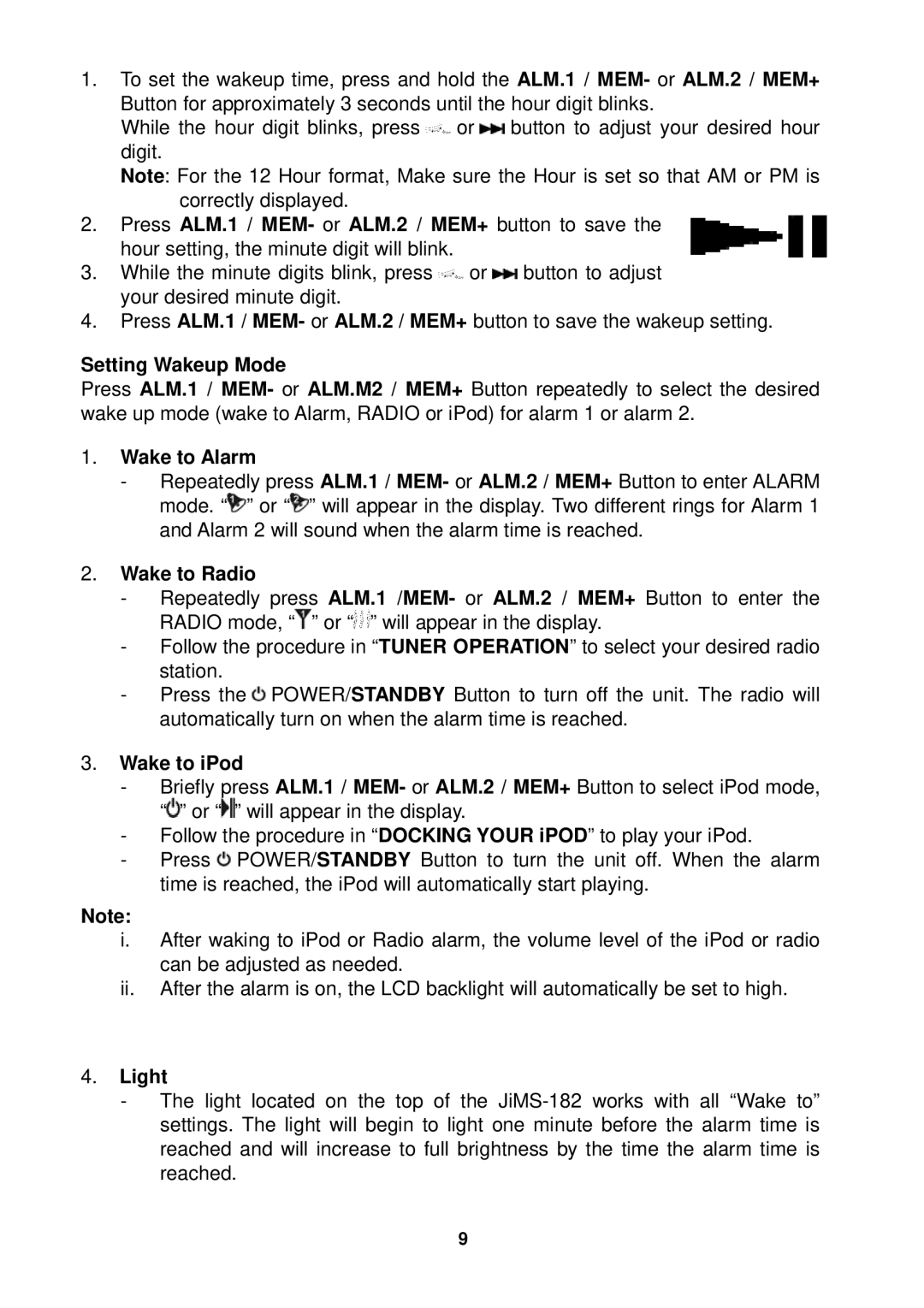 Jensen JiMS-182 owner manual Setting Wakeup Mode, Wake to Alarm, Wake to Radio, Wake to iPod, Light 