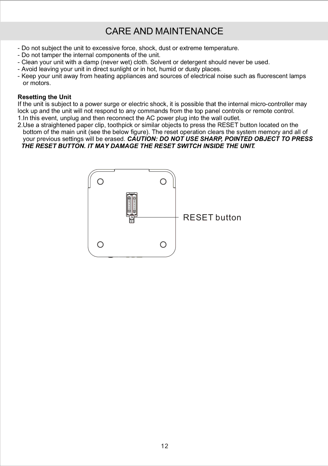 Jensen JiMS-190 owner manual Care and Maintenance, Resetting the Unit 