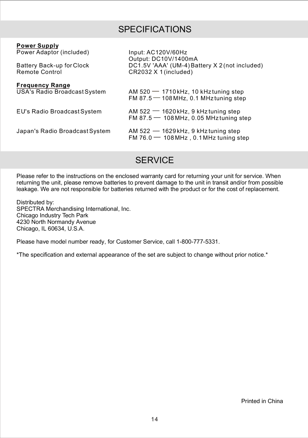 Jensen JiMS-190 owner manual Specifications, Service, Power Supply, Frequency Range 