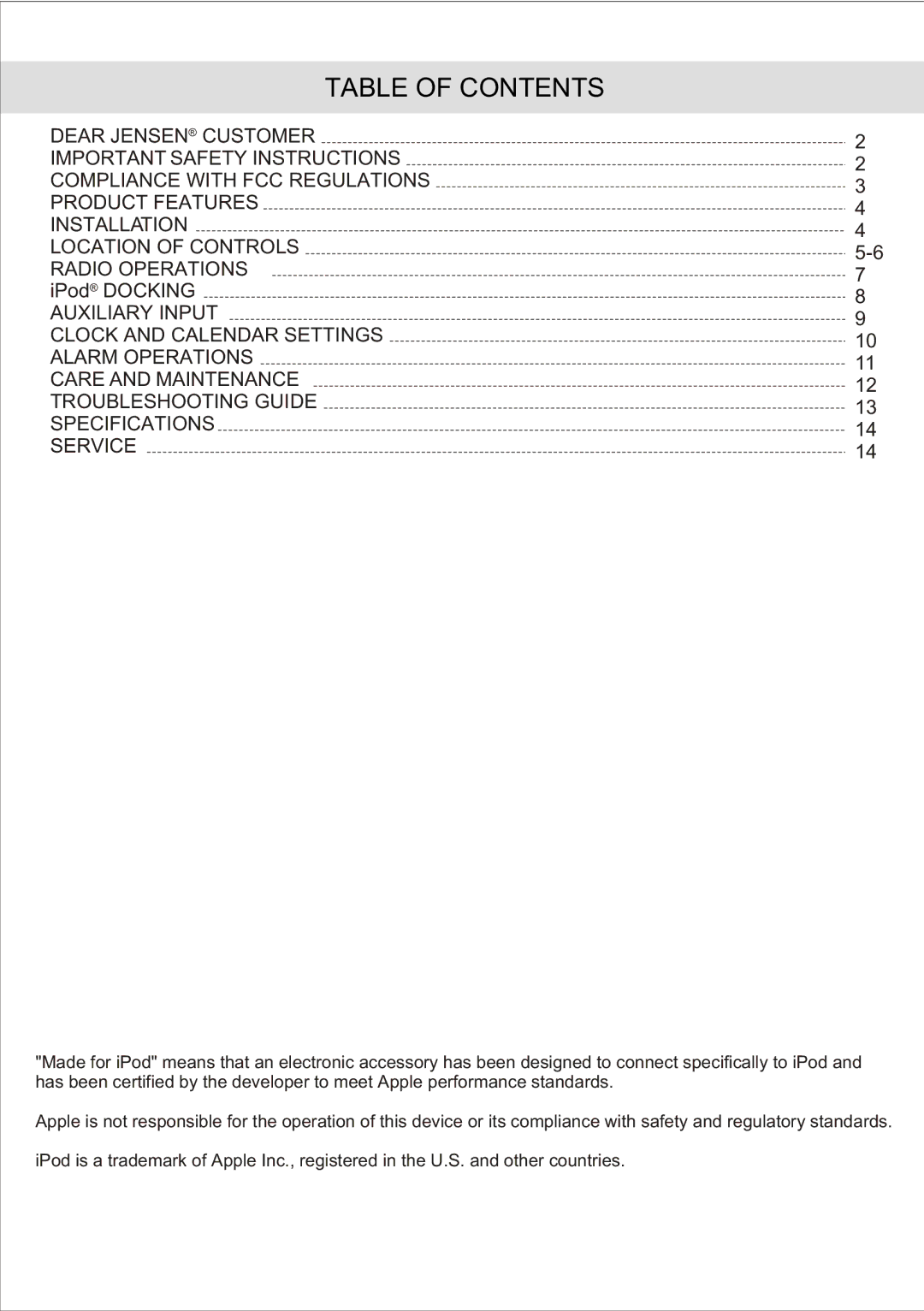 Jensen JiMS-190 owner manual Table of Contents 