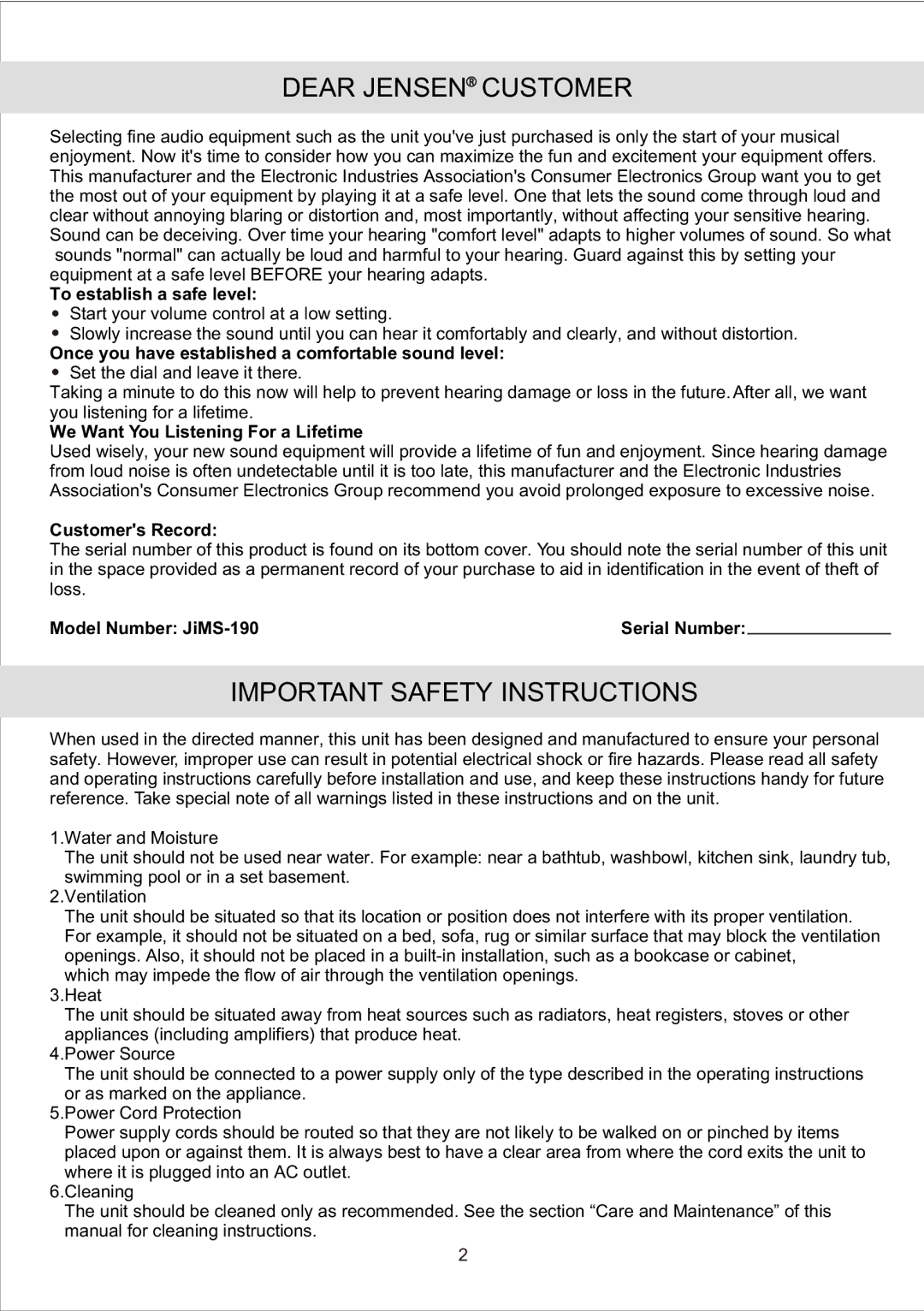 Jensen JiMS-190 owner manual Dear Jensen Customer, Important Safety Instructions 