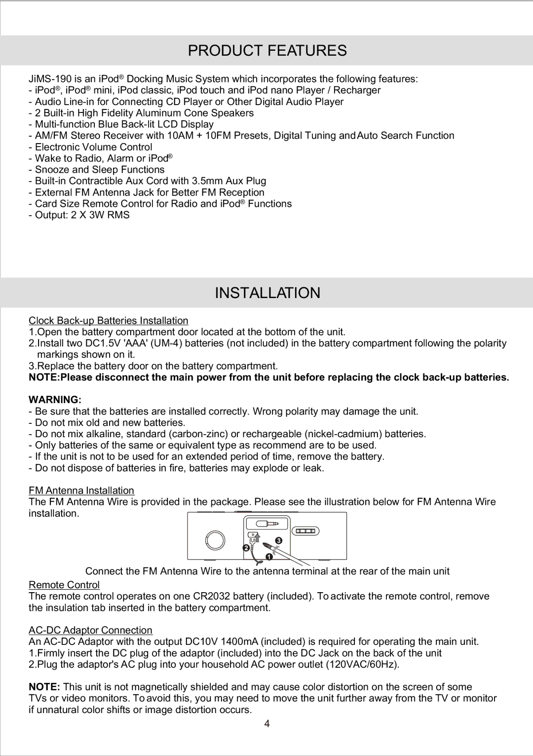 Jensen JiMS-190 owner manual Product Features, Installation 