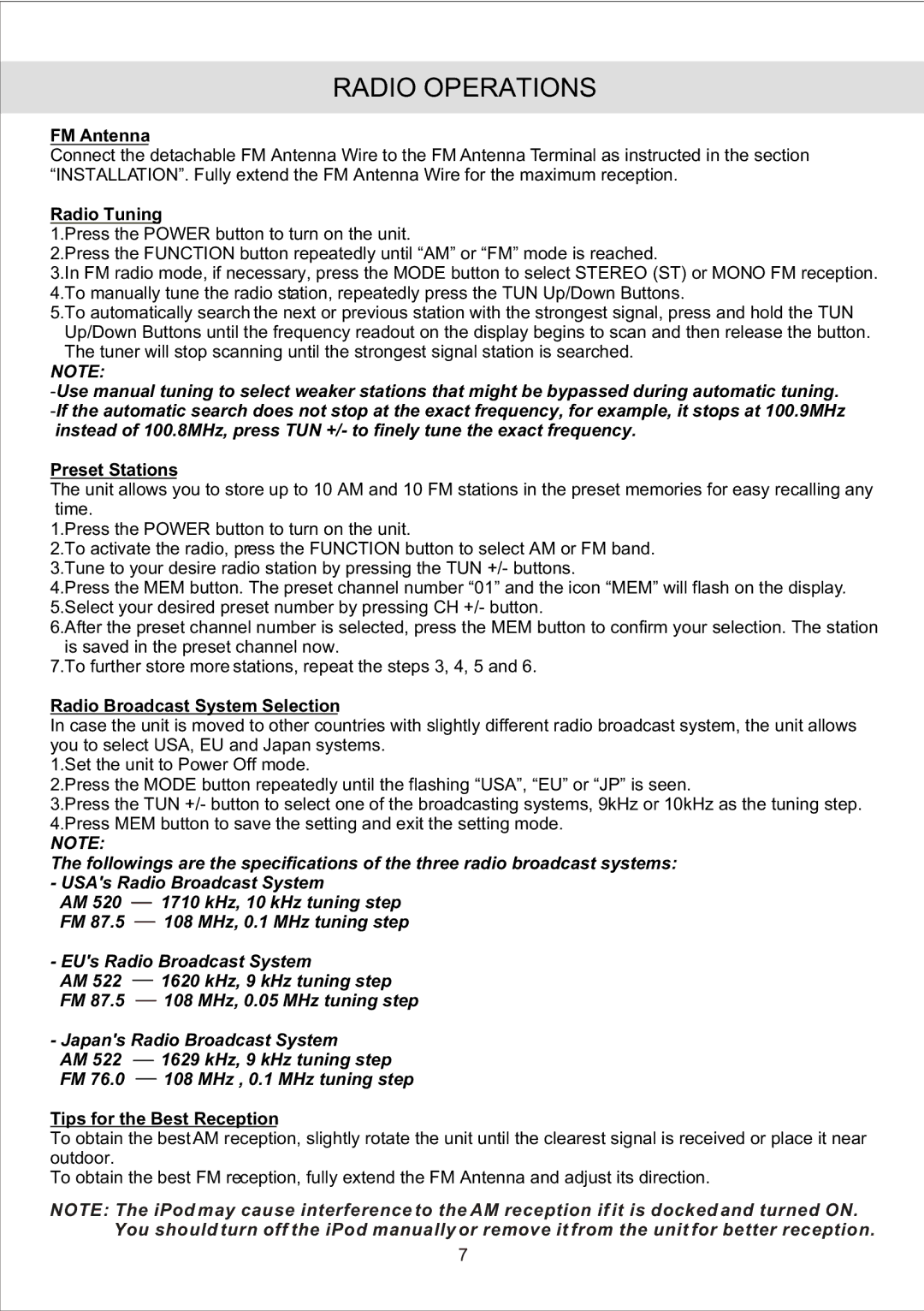 Jensen JiMS-190 owner manual Radio Operations 