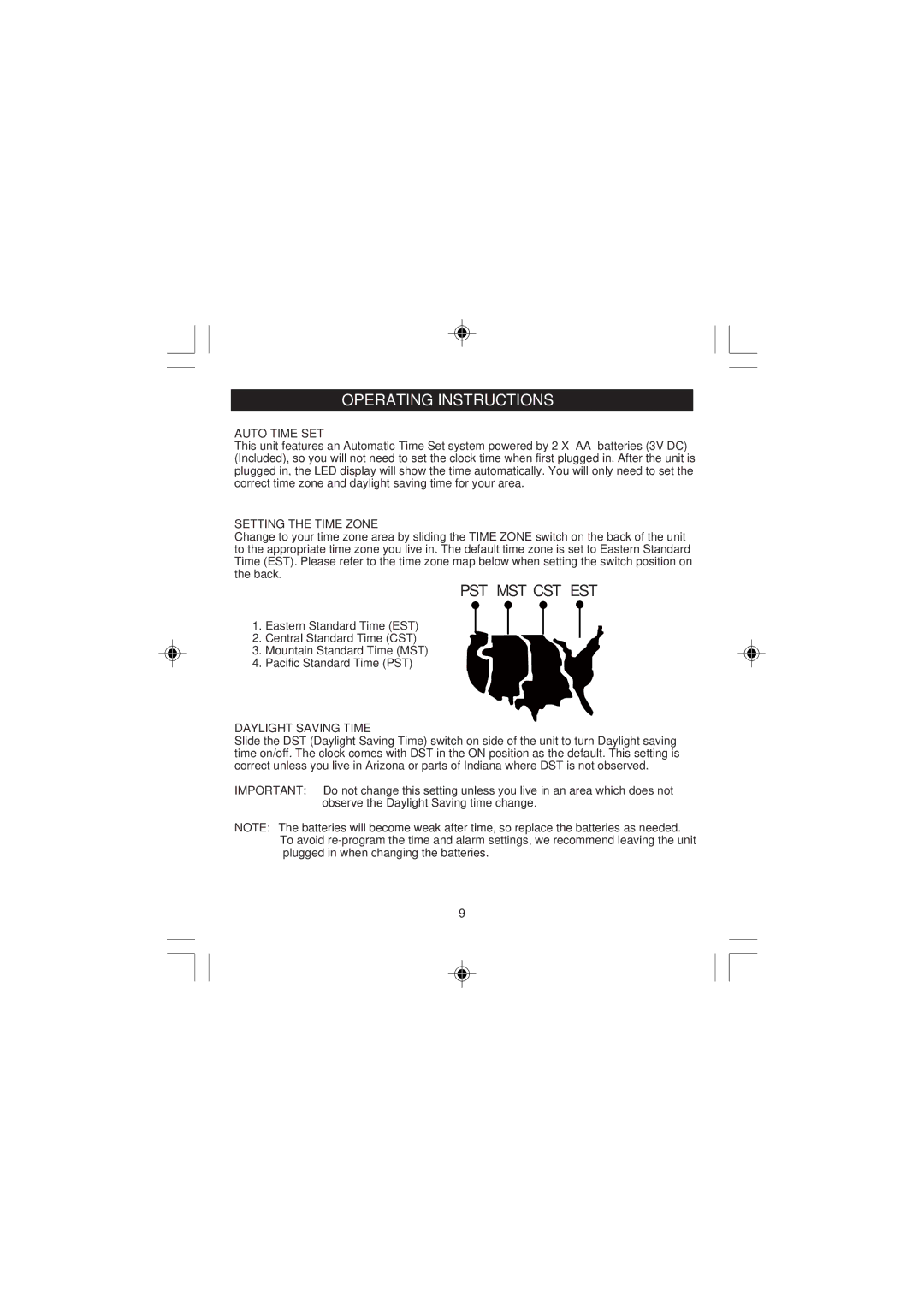 Jensen JiMS-198i owner manual Operating Instructions, Auto Time SET, Setting the Time Zone, Daylight Saving Time 