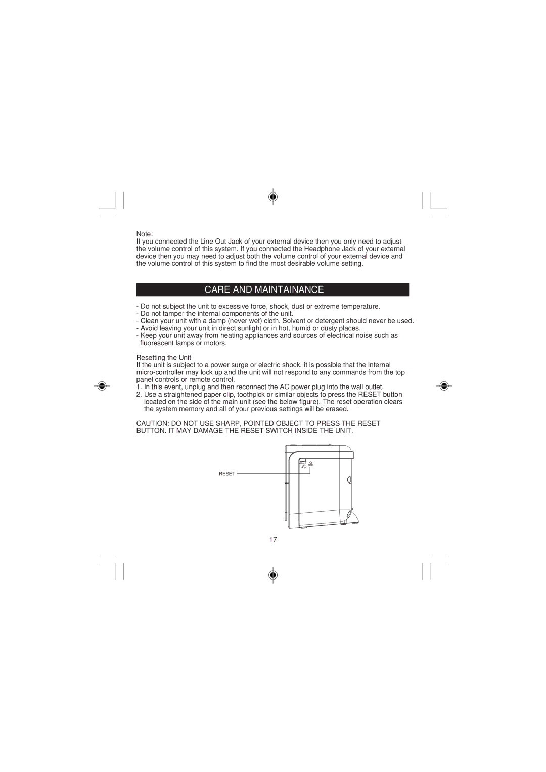 Jensen JiMS-198i owner manual Care and Maintainance, Resetting the Unit 