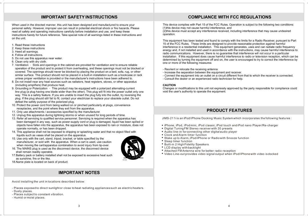 Jensen JiMS-211i Important Safety Instructions, Important Notes, Compliance with FCC Regulations, Product Features 