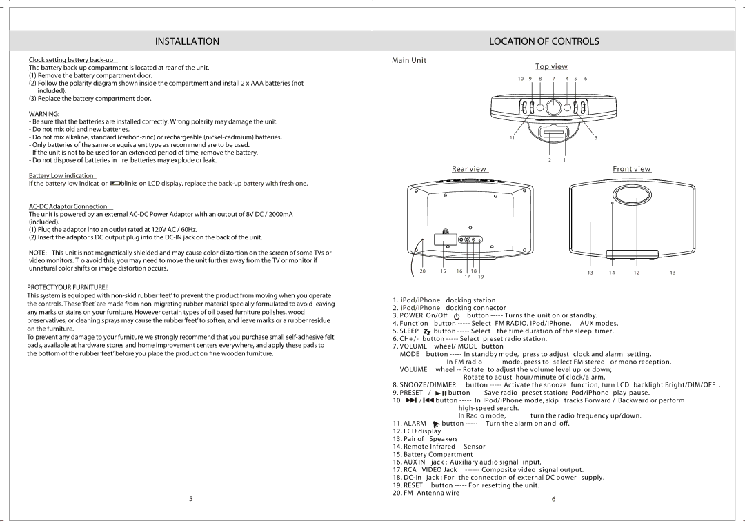 Jensen JiMS-211i owner manual Installation, Location of Controls 