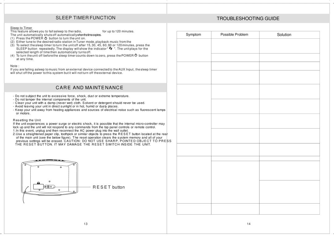 Jensen JiMS-211i owner manual R E a ND MA INT E NA NC E, Troubleshooting Guide, Sleep to Timer 