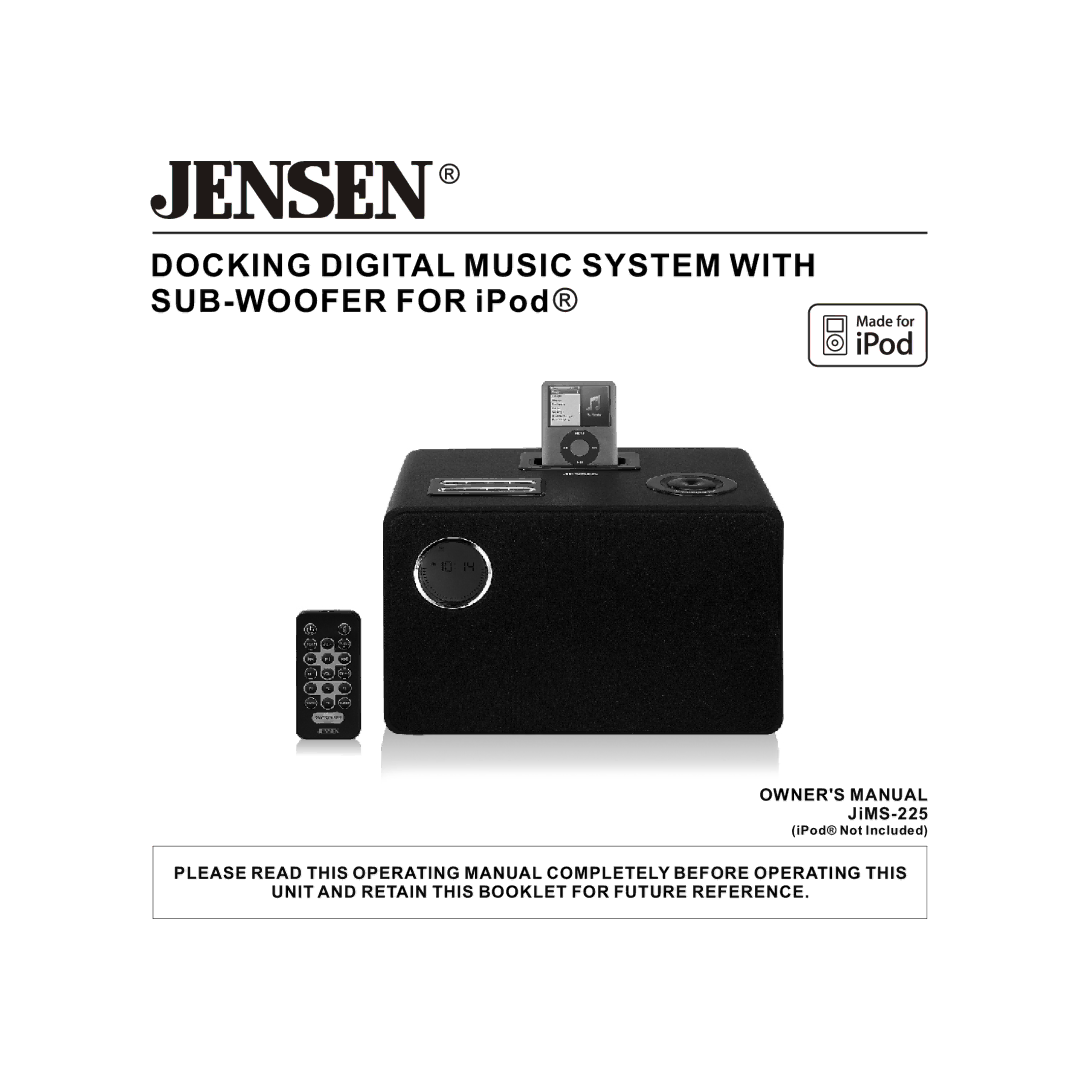 Jensen JIMS-225 owner manual Docking Digital Music System with SUB-WOOFER for iPod, JiMS-225 