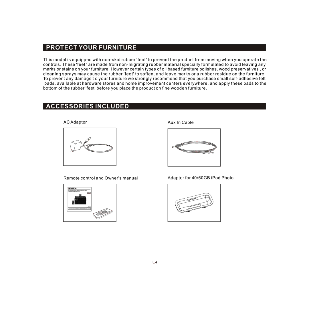 Jensen JIMS-225 owner manual Protect Your Furniture, Accessories Included 