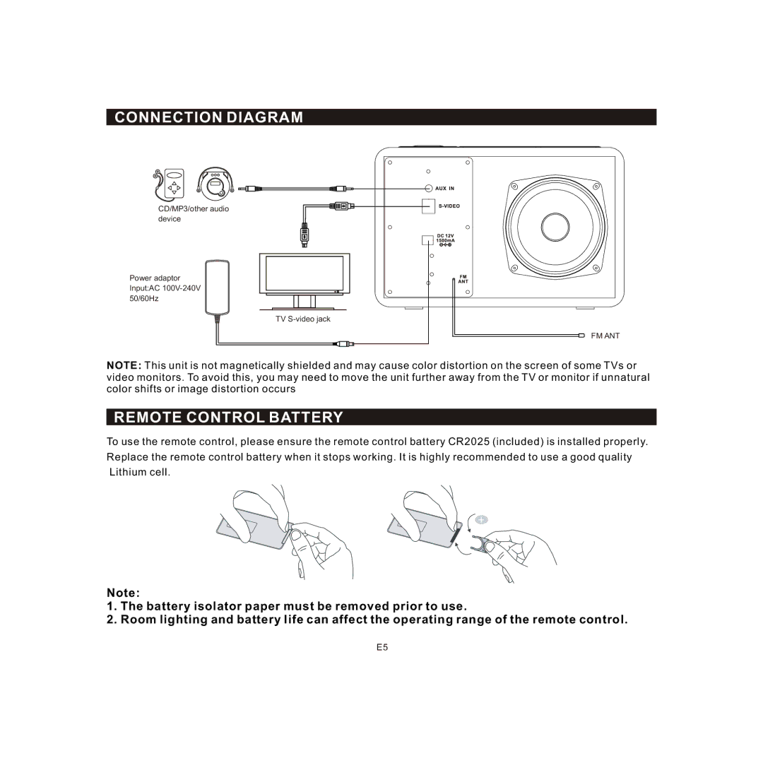 Jensen JIMS-225 owner manual Connection Diagram, Remote Control Battery 