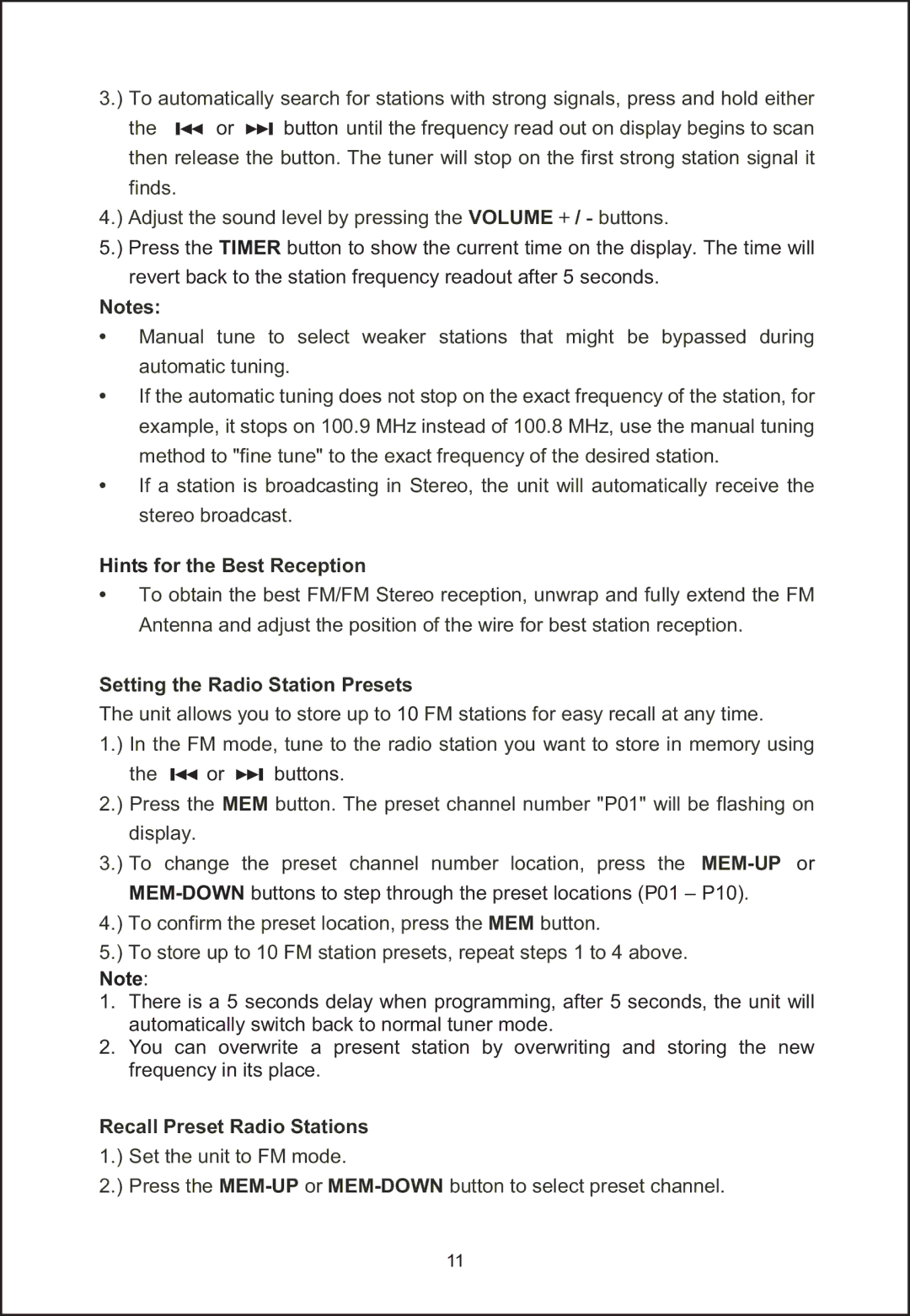 Jensen JIMS-260I user manual Hints for the Best Reception, Setting the Radio Station Presets, Recall Preset Radio Stations 