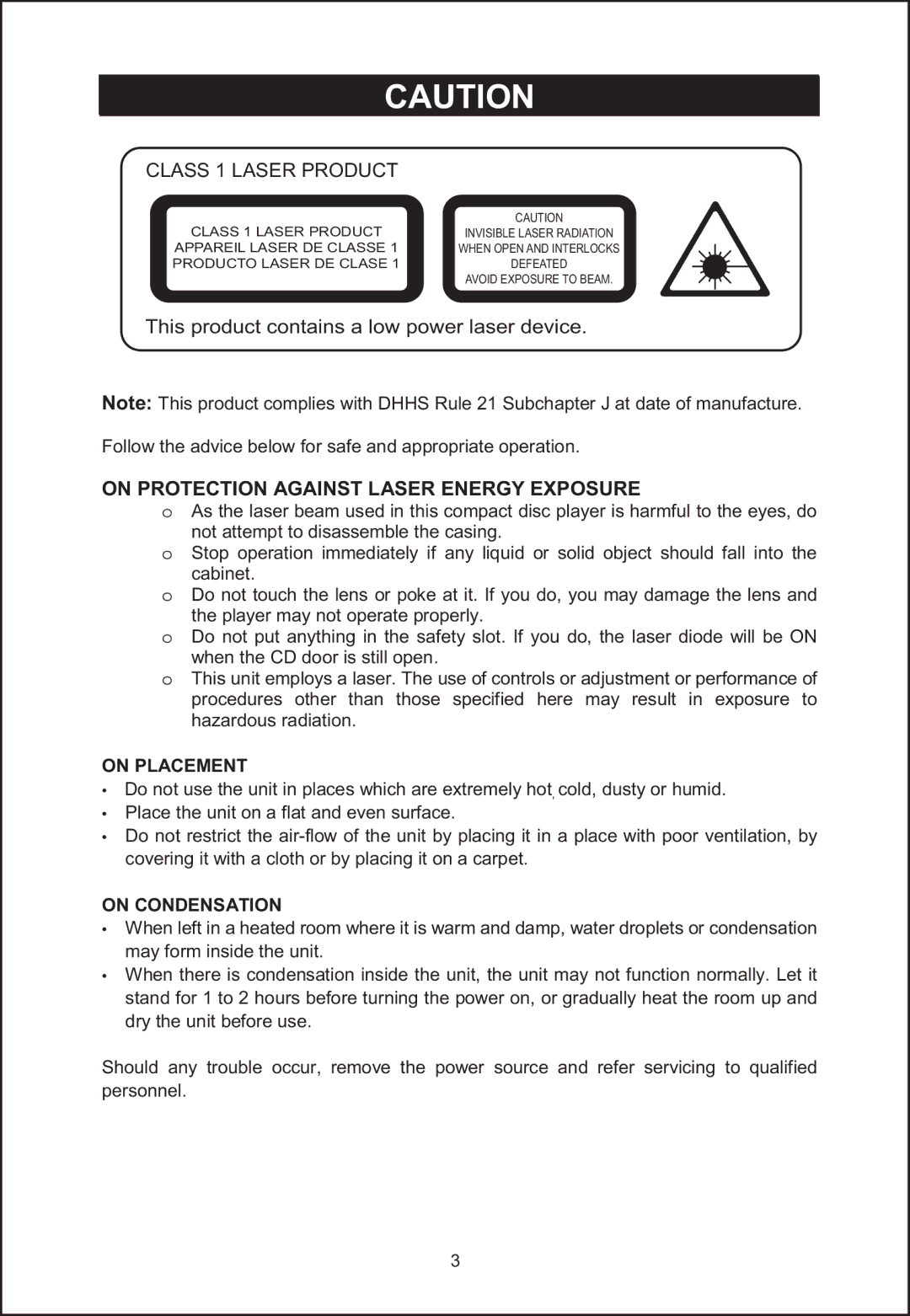 Jensen JIMS-260I user manual On Protection Against Laser Energy Exposure, On Placement, On Condensation 