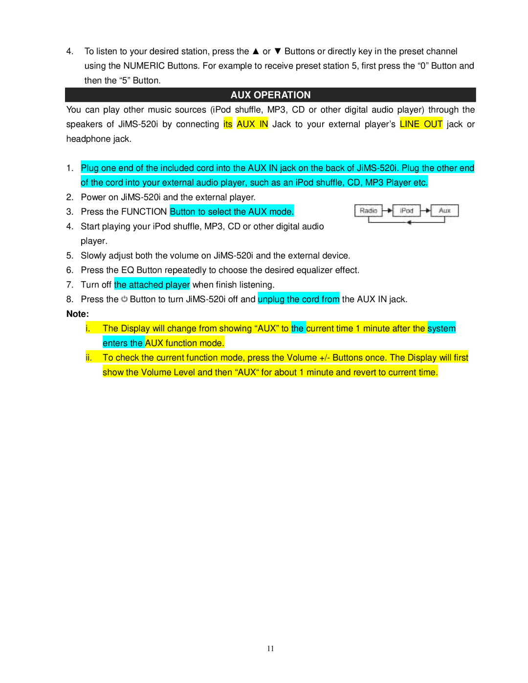 Jensen JiMS-520i owner manual AUX Operation 