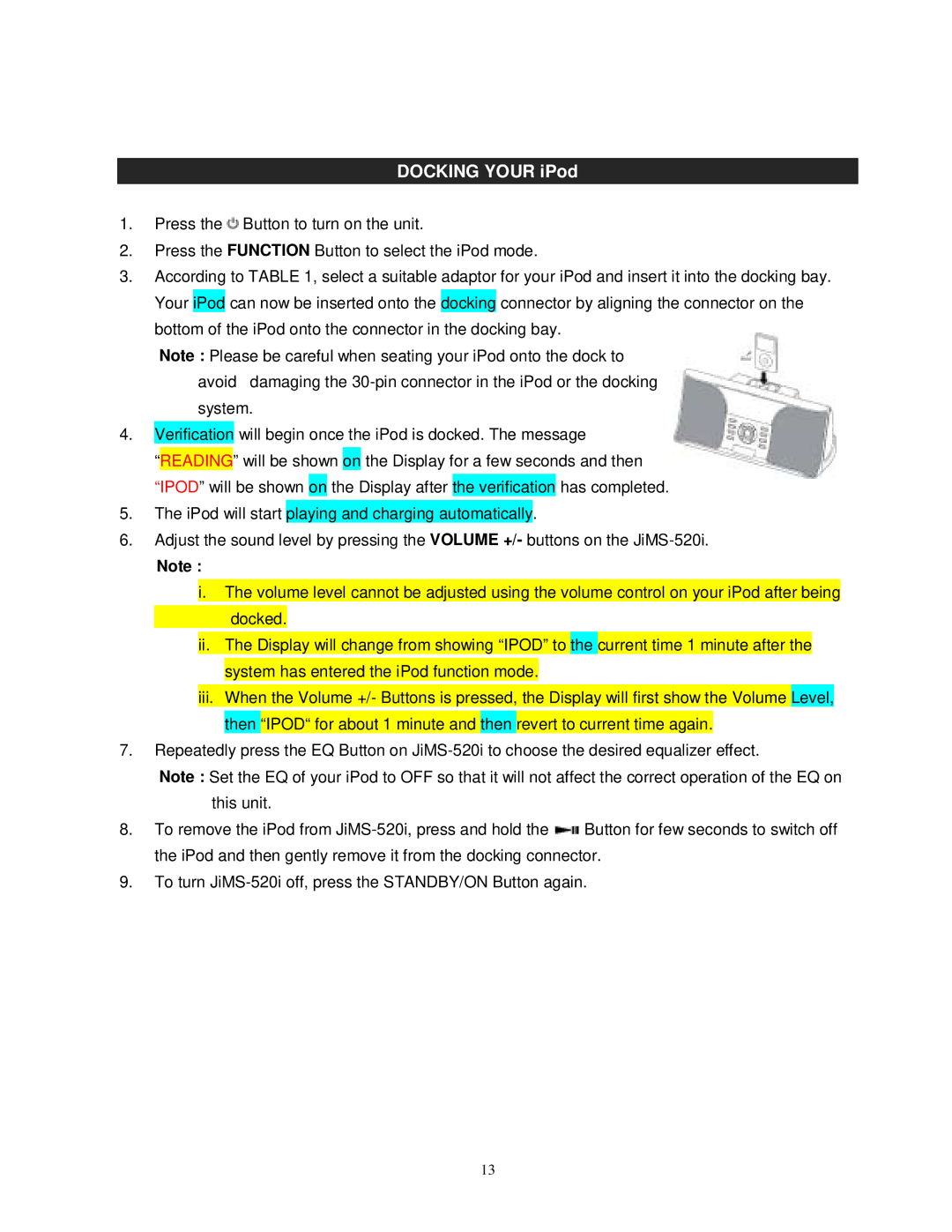 Jensen JiMS-520i owner manual Docking Your iPod 