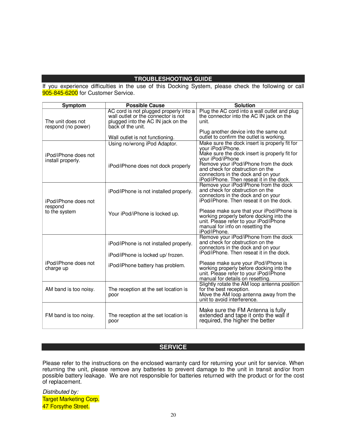 Jensen JiMS-520i owner manual Service, Troubleshooting Guide 