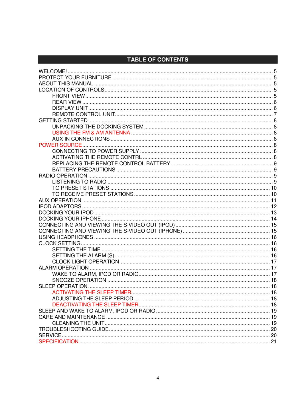 Jensen JiMS-520i owner manual Table of Contents 