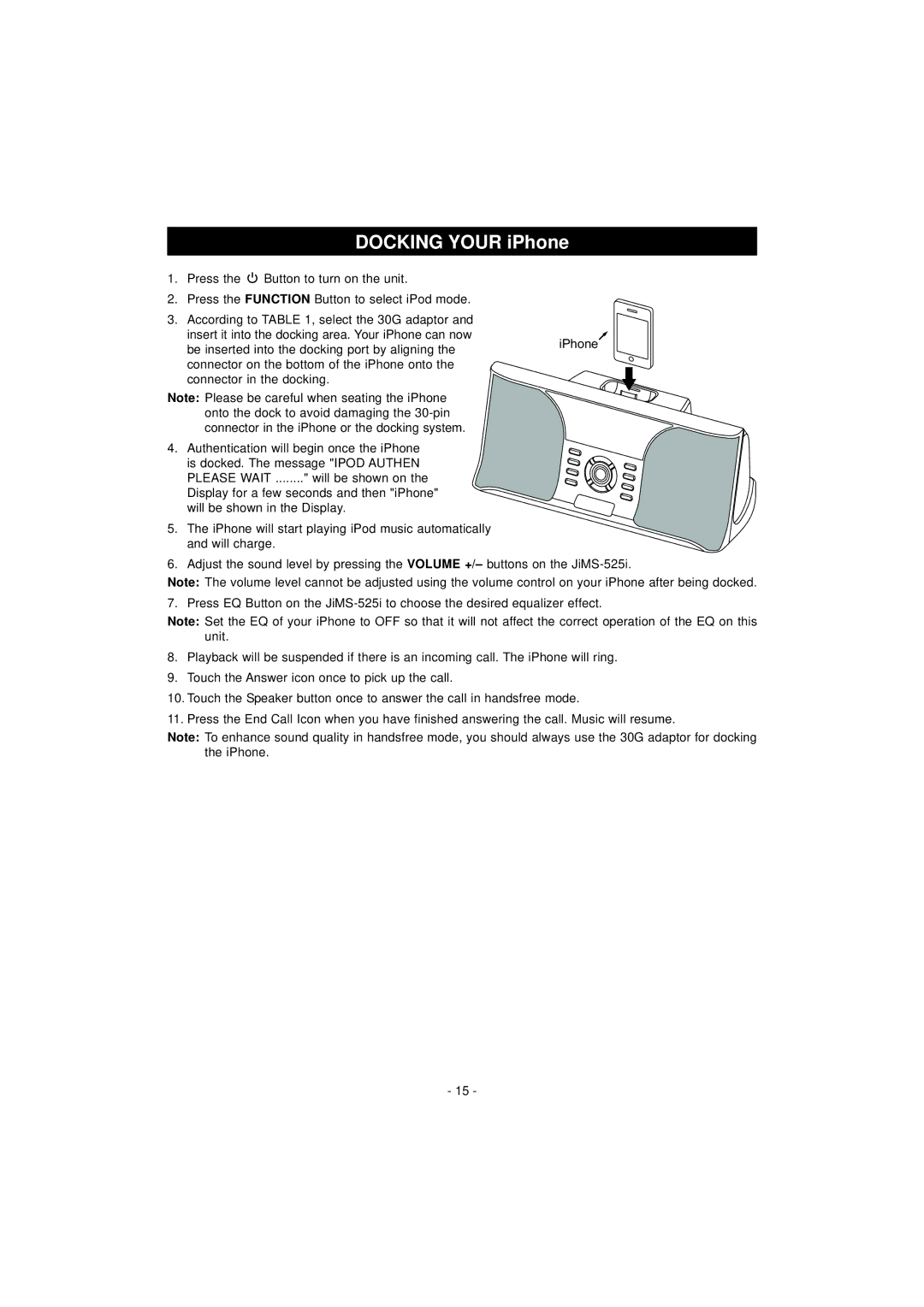 Jensen JiMS-525i instruction manual Docking Your iPhone 