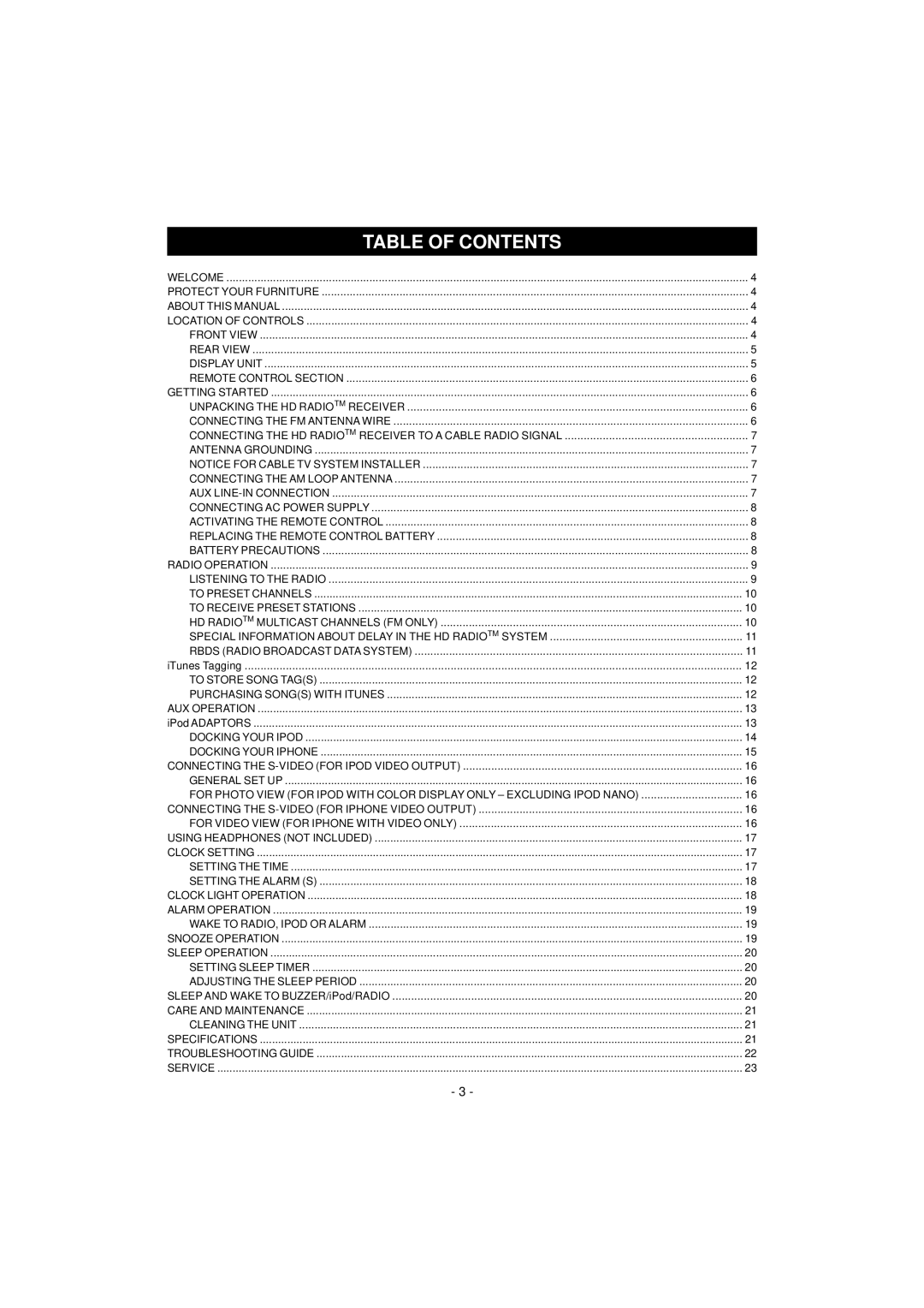 Jensen JiMS-525i instruction manual Table of Contents 