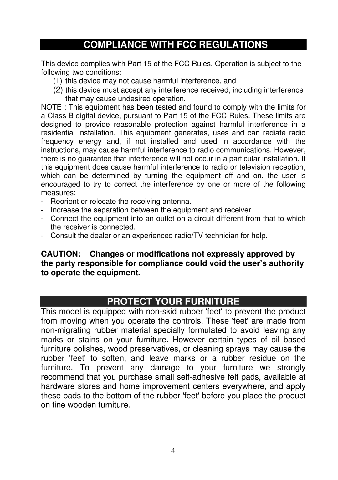 Jensen JiMS-60 owner manual Compliance with FCC Regulations, Protect Your Furniture 